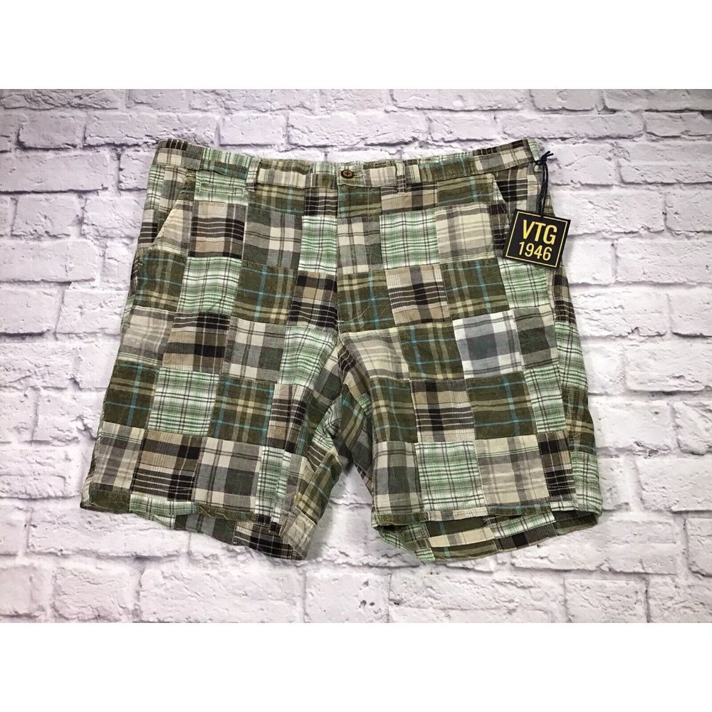 Vintage 1946 Mens Size 42 Brown Green Multicolored Plaid Patchwork Shorts